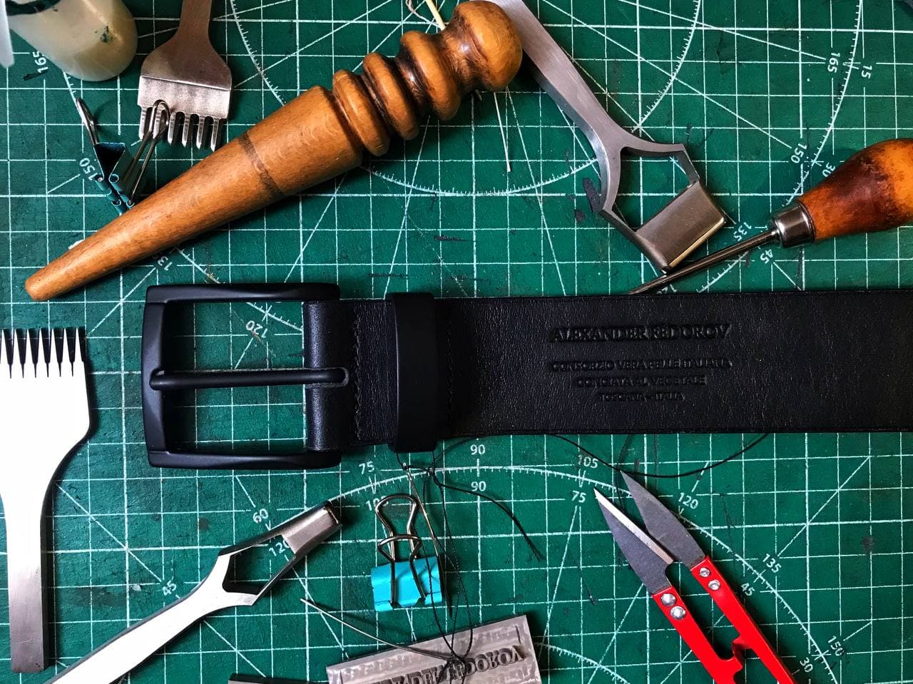 Matte black hardware, hand-stamped