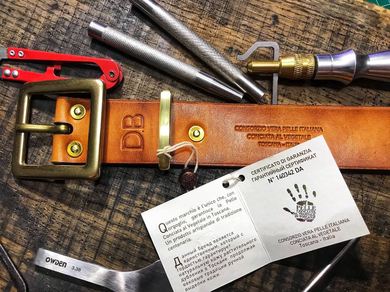 Solid brass buckle, hand-riveted